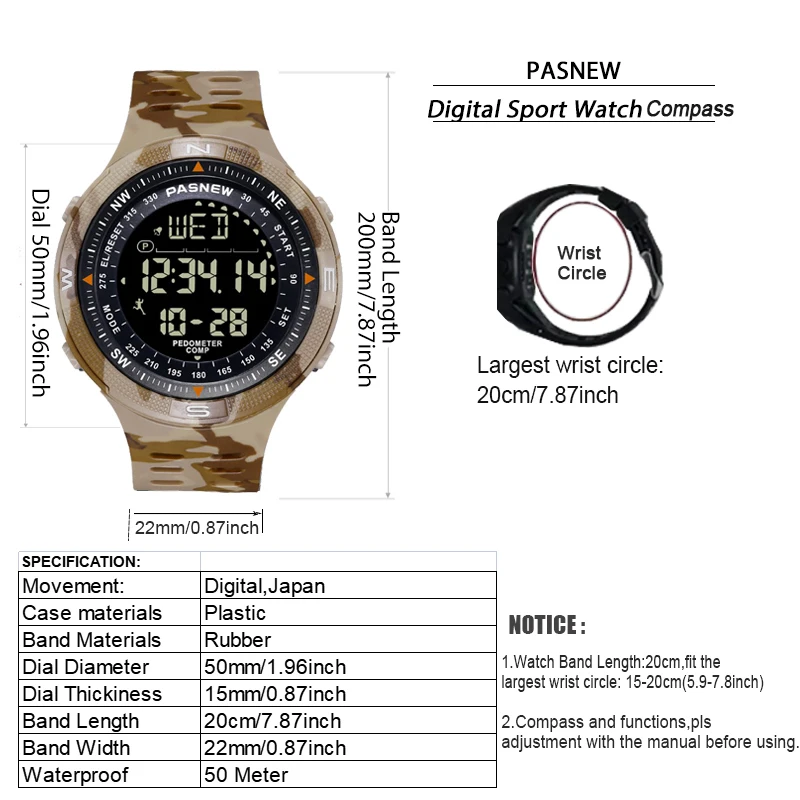 Military Compass Watch Men Digital Pedometer Waterproof Electronic Hand Clock Boy Camouflage Submersible Sport Wristwatch Male