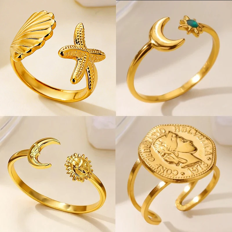Stainless Steel Star Moon Rings for Women 18K Gold Plated Portrait Coin Ring Jesus Cross Finger Ring Waterproof Jewelry Gifts