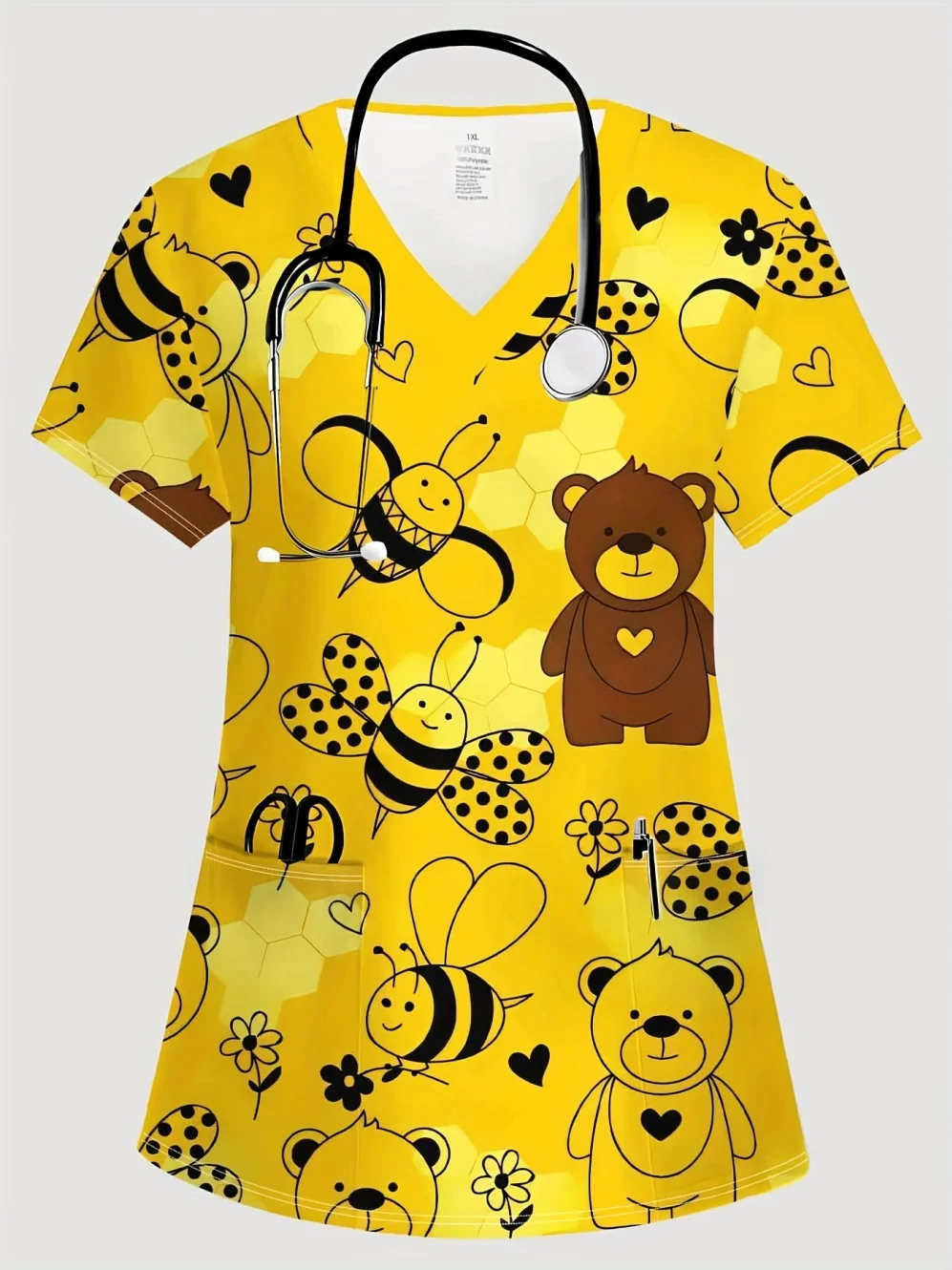 uniforme-elegante-feminino-blusa-com-decote-em-v-confortavel-mangas-curtas-com-bolsos-roupa-medica-para-dentistas-e-enfermeiras-estampa-de-abelha