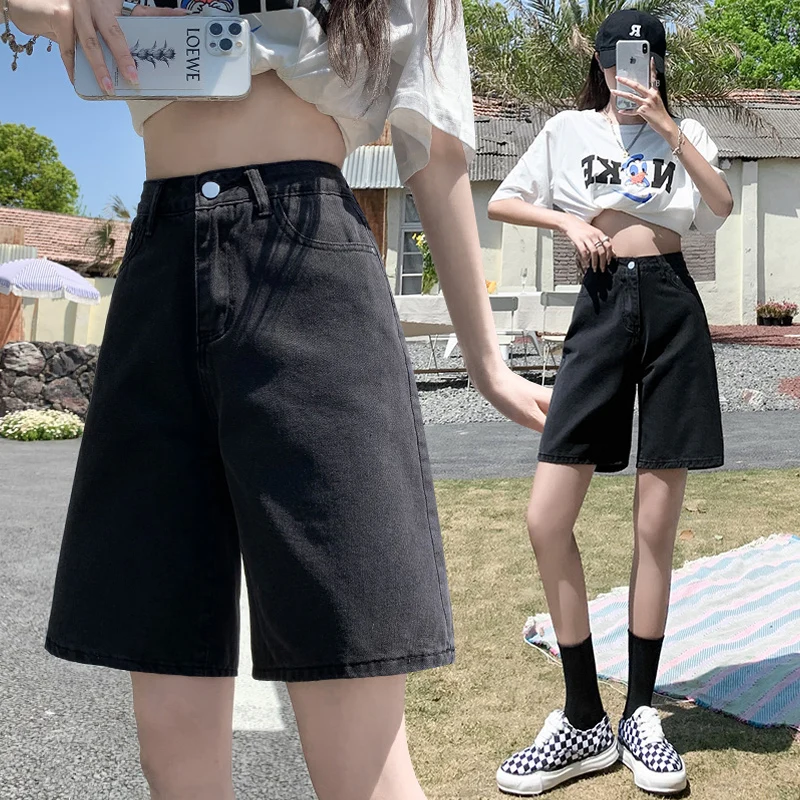 Spring 2026 High Waist Black Loose Fit Women's Denim Shorts A-Line Five-Point Trendy Straight Leg plus Size Short Pants
