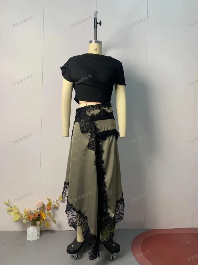 Womens Dresses 2025 Spring Summer New Solid Color Hollow Waist Irregular Lace Splicing Round Neck Short Sleeve Casual Dress - Image 6