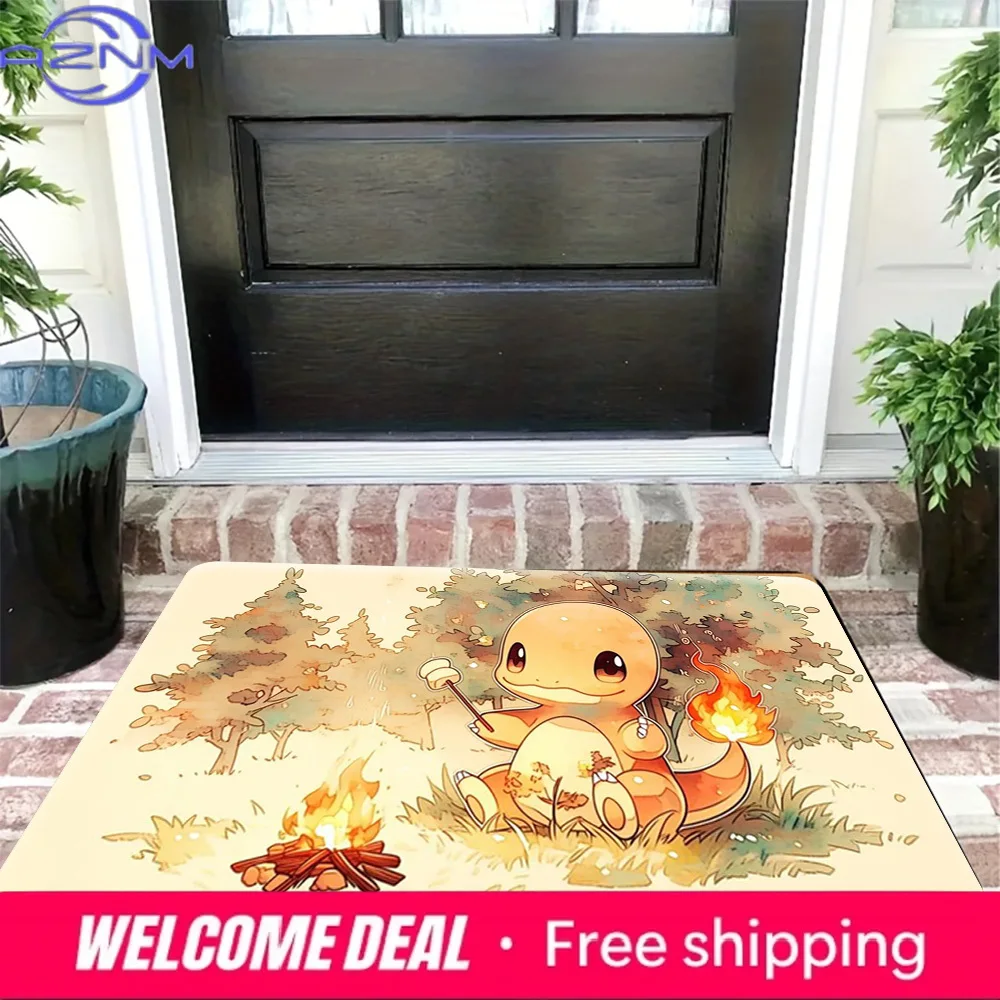 Cute Watercolor Charmander Campfire Roast Marshmallow Print Soft Non-Slip Absorbent Indoor Home Doormat Floor Rug