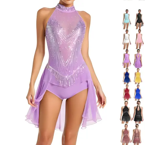 Imagen 1 del producto Vestido de leotardo de baile con apliques para mujer, Ropa de baile lírico para patinaje artístico, falda de leotardo Irregular sin mangas con diamantes de imitación de una pieza