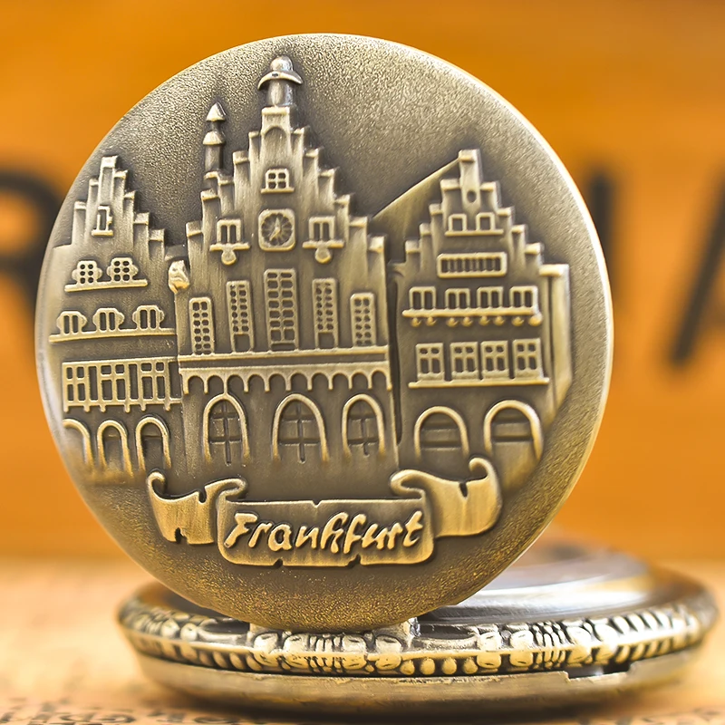 Vintage Bronze Bell Tower Castle German Franfok Style Quartz Pocket Watch Nostalgic Male And Female Students Gift Clamshell