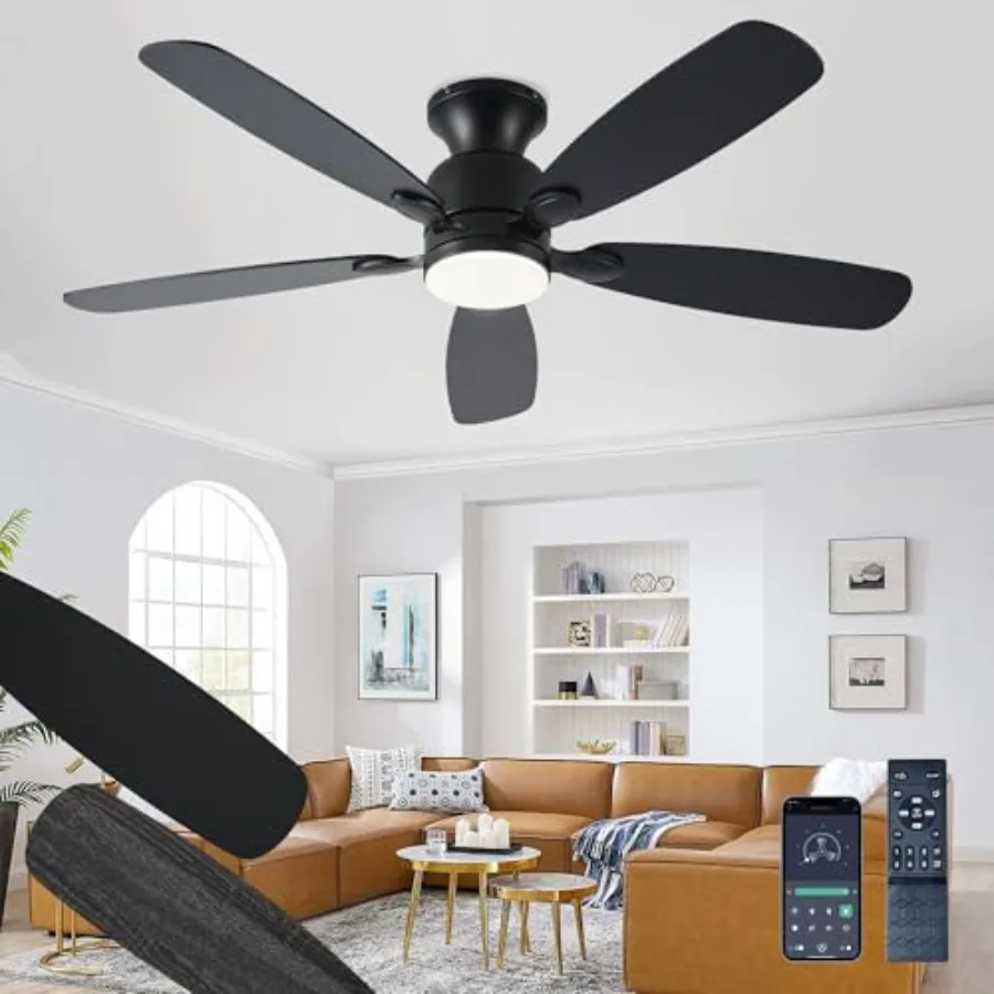 

52inch Black Ceiling Fans with Lights Low Profile Ceiling Fan with Light and Remote/APP Control Reversible DC Motor Noiseless D