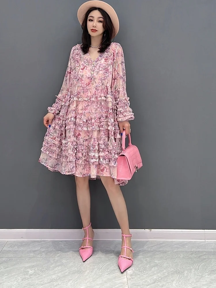 Vefadisa 2025 Summer V-neck Dress Loose Mid-length Flower Print Personalized Chiffon Leisure Dress Pink Women Skirt ZY896