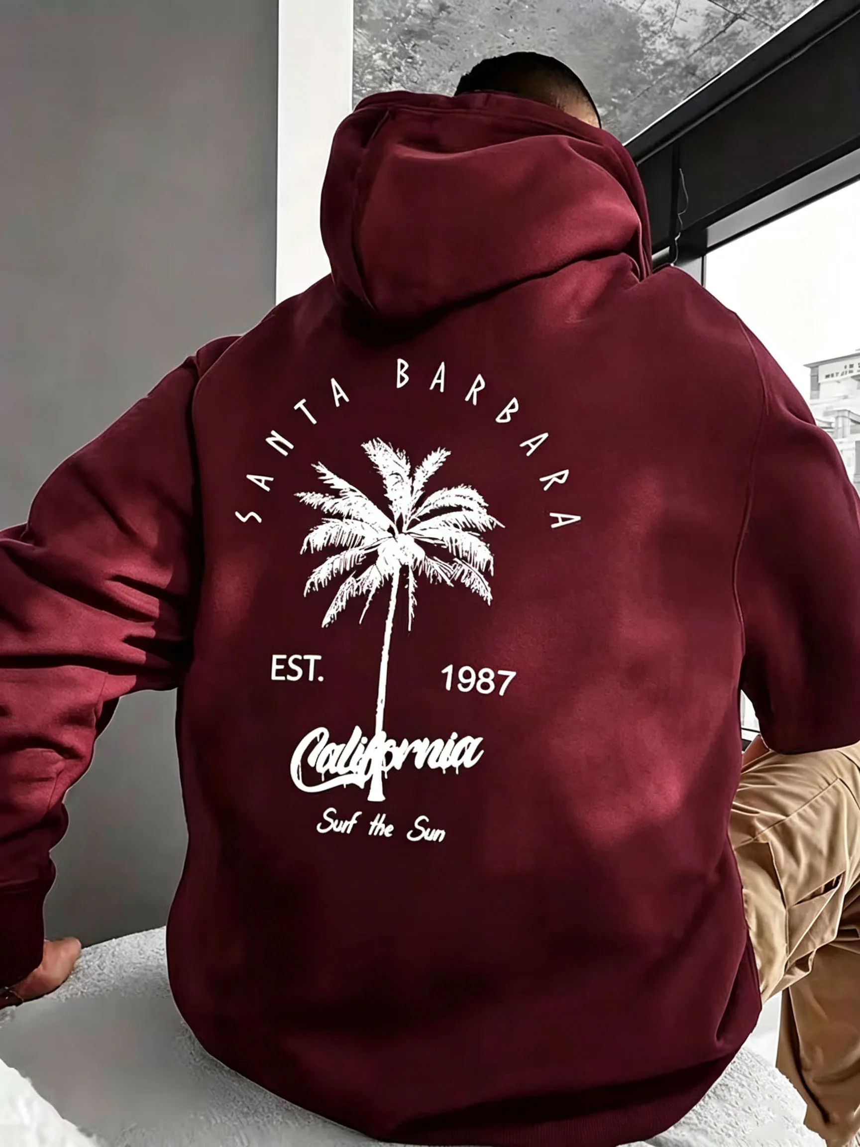 Mens Vintage California Palm Tree Graphic Hoodie Santa Barbara Print Warm Pocket Loose Streetwear Hooded Pullover Sweatshirts