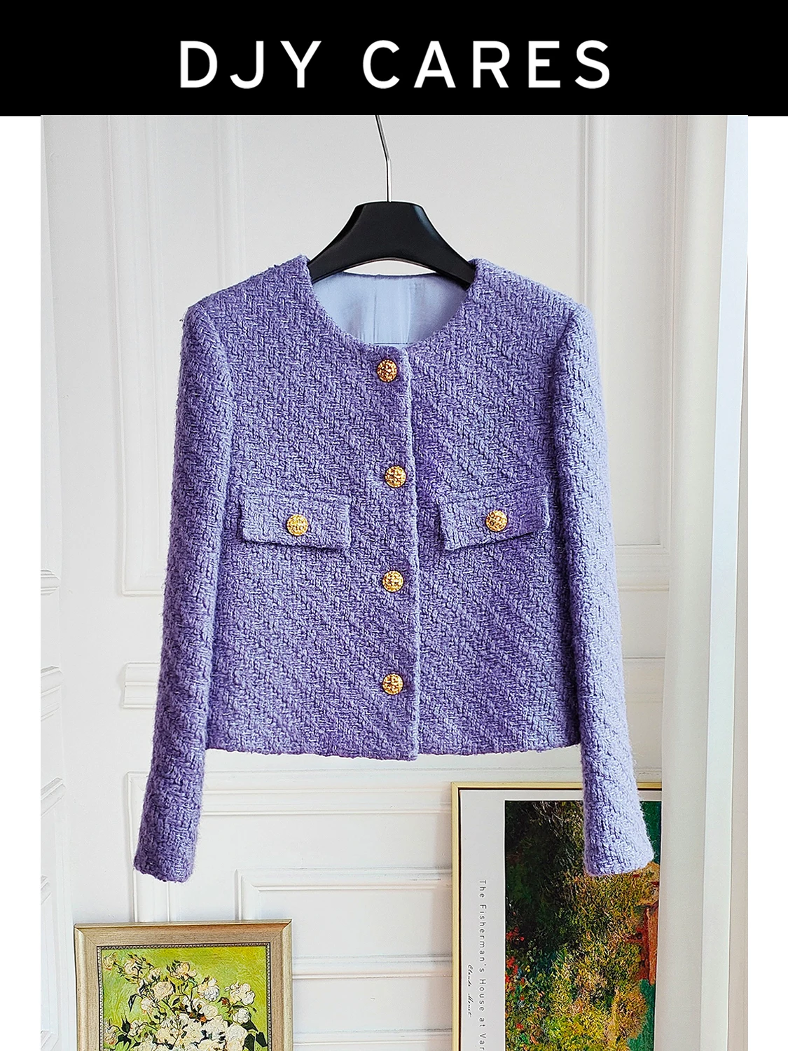 

New Coarse woolen woven purple short round neck jacket top big size