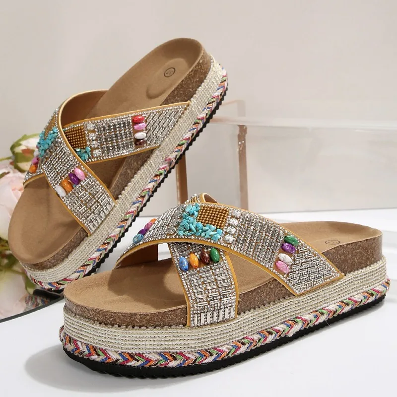 Crossover Diamond-encrusted Strap Platform Plus Size Slippers Summer New Round Toe Open Toe Non-slip Flat Sandals