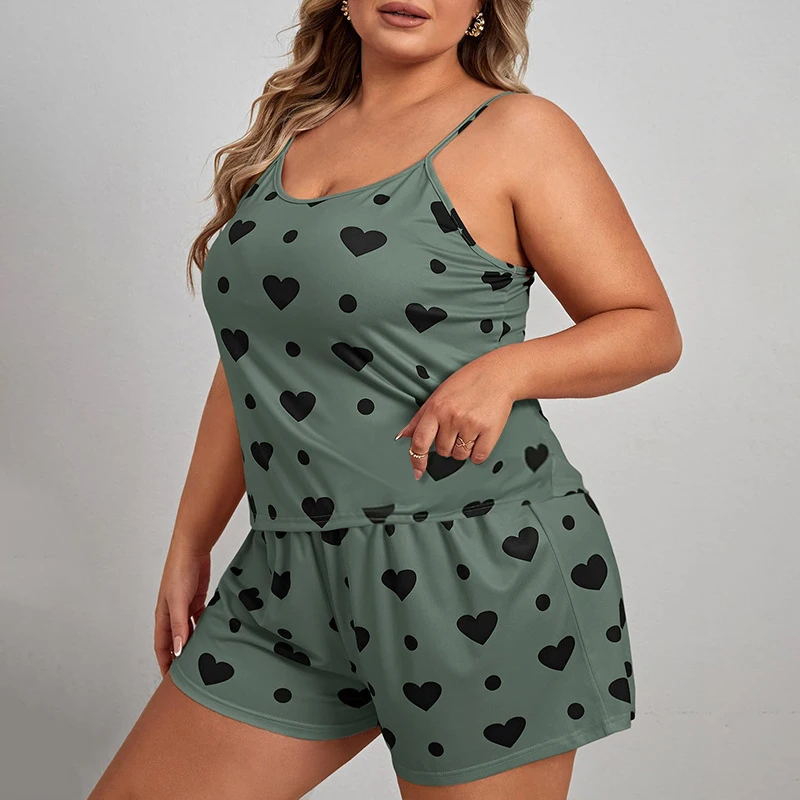 2024 Women\'s 2 PCS New Oversized Pajamas Pajama Pants Set Green Love Print Camisole Shorts Smooth Soft Comfortable Daily Pajamas