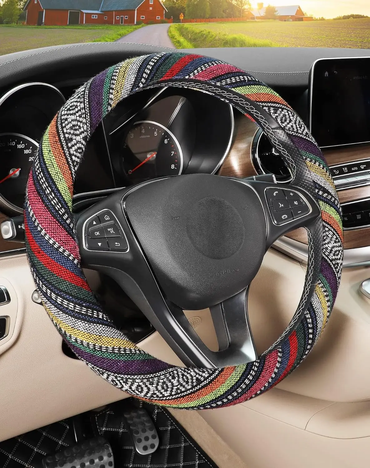 38 cm 15 Zoll personalisierter, elastischer Auto-Lenkradbezug ohne Innenkreis im Ethno-Stil mit einzigartigem Design – Detail 6