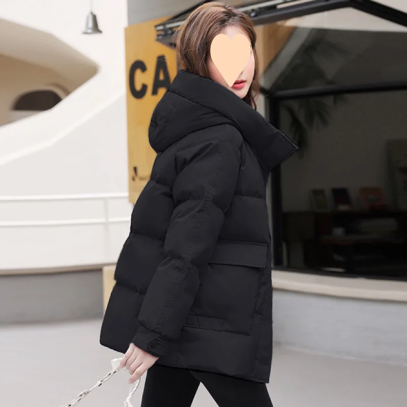 Autumn Winter Women\'s Stand Collar Hooded Warm Parka Jackets Solid Big Pocket Button Ladies Zipper Loose Cotton Coat