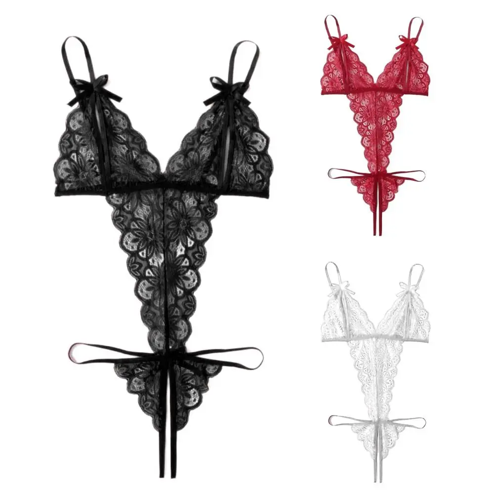 

Deep V Neck Lace Bow Bodysuit Transparent Mesh Hollow Women Lingerie Sleeveless Jumpsuits Lace Sling Nightwear Ladies