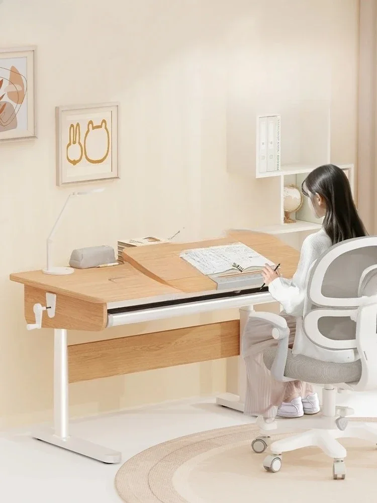 Children's study desk Lifting household solid wood table Writing table set