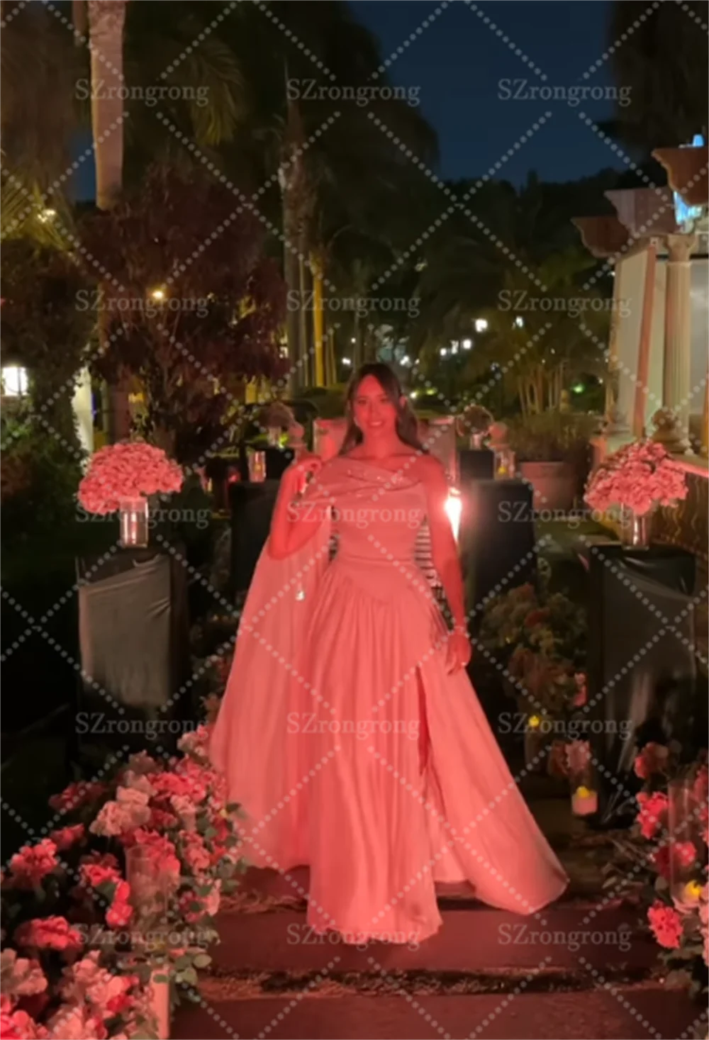 Custom Made Elegant Pink Strapless Tiered Pleated Saudi Evening Gown Beading A-line Floor Length Prom Party Dress with Cape