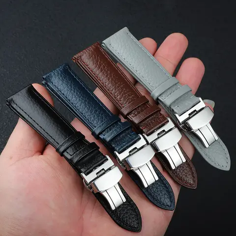 Litchi Grain Strap 12 14 16 18 19 20 21 22 23 24mm Watch Accessories Genuine Soft Leather Wristwatch Band With Butterfly Buckle