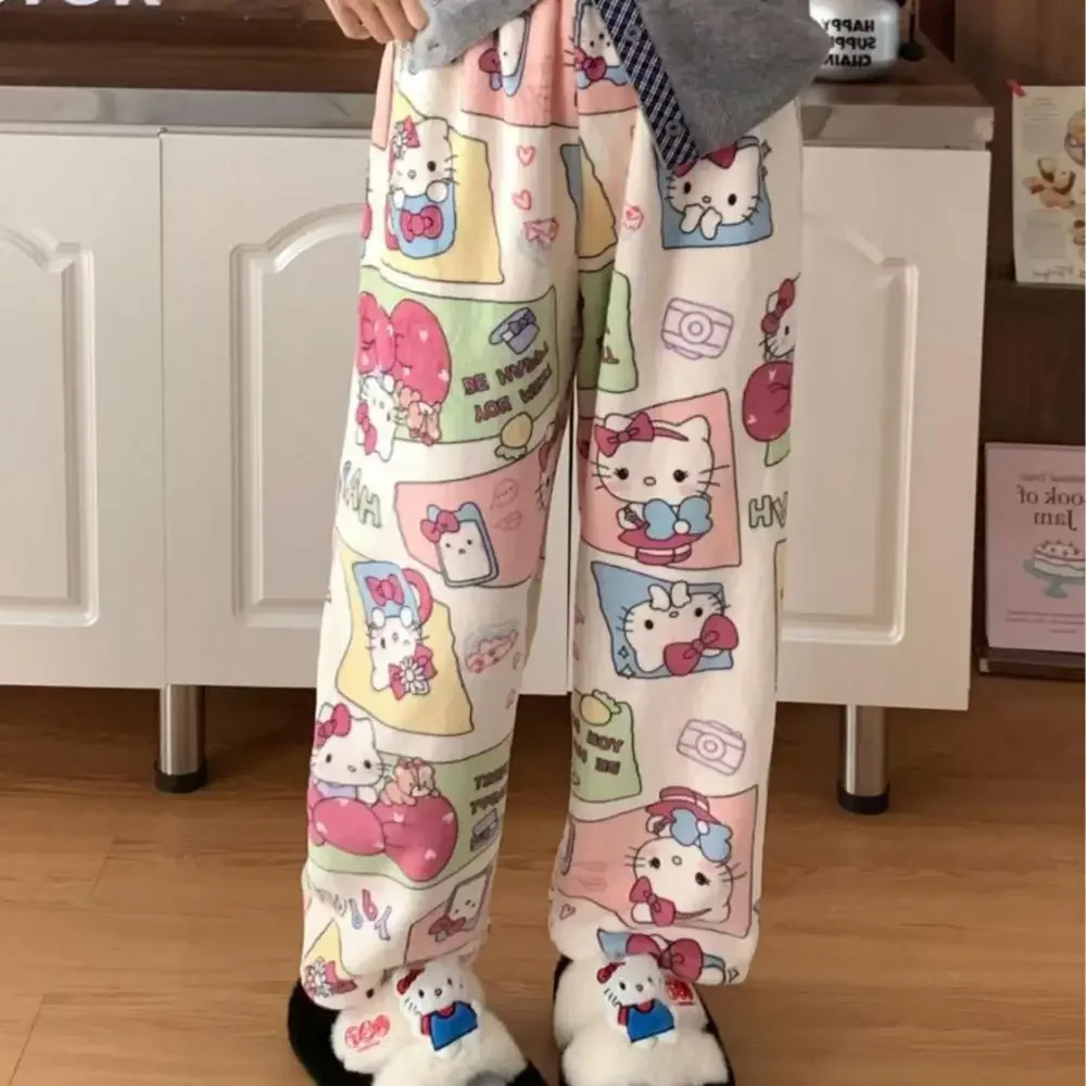 Novo kawaii calças de pijama de pelúcia cinnamoroll olá kitty sanrios anime kuromi mulheres inverno quente roupas para casa engrossar calças bonito