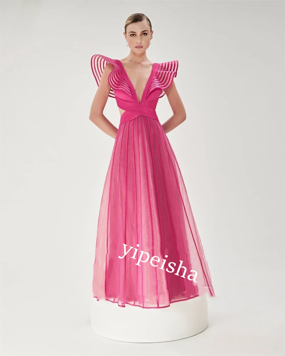 Jiayigong  Ball   Net Pleat Homecoming A-line V-neck Bespoke Occasion Gown Long es Saudi Arabia