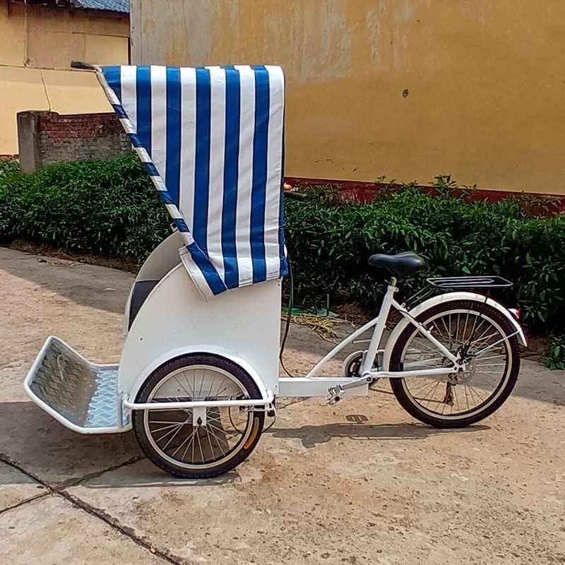 A retro three-wheeled vehicle carrying passengers on a donkey riding upside down