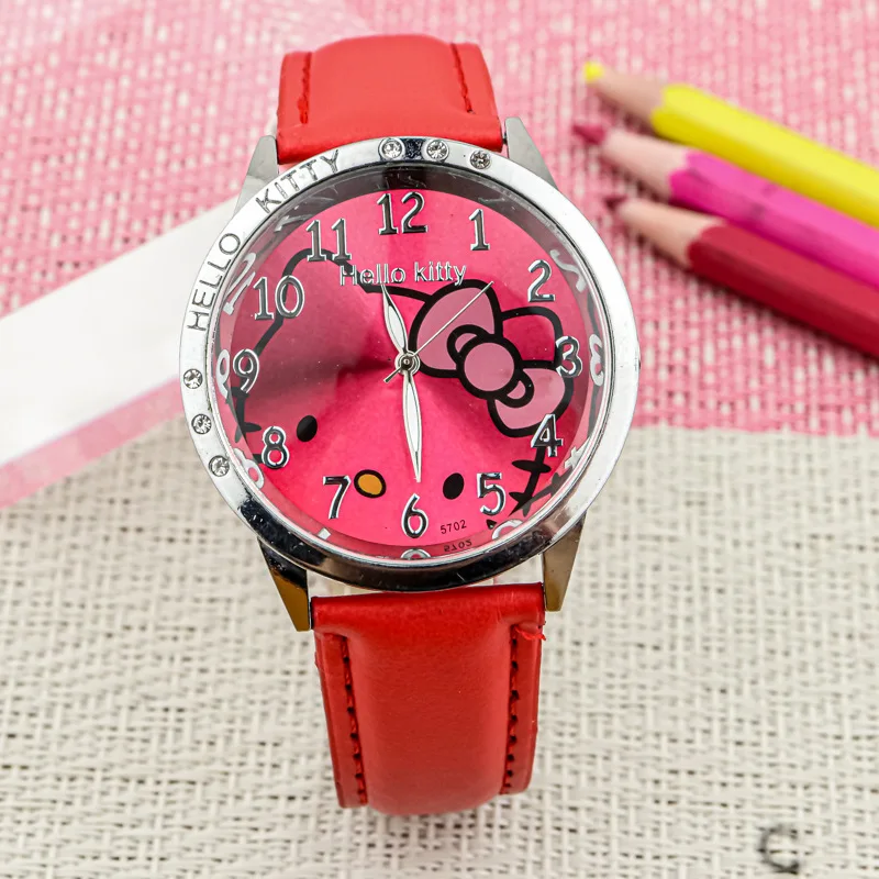 Sanrio Quartz Wristwatch Children Watch Cartoon Sweet Leather Strap Pointer Numbers Watches Student Study Clock Girl Toys Gift