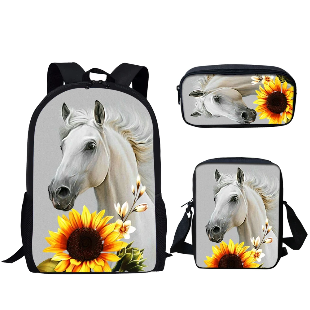 Sunflower Horse Print 3 buah tas sekolah ransel kasual remaja laki-laki perempuan tas buku siswa tas makan siang tas pensil ransel harian