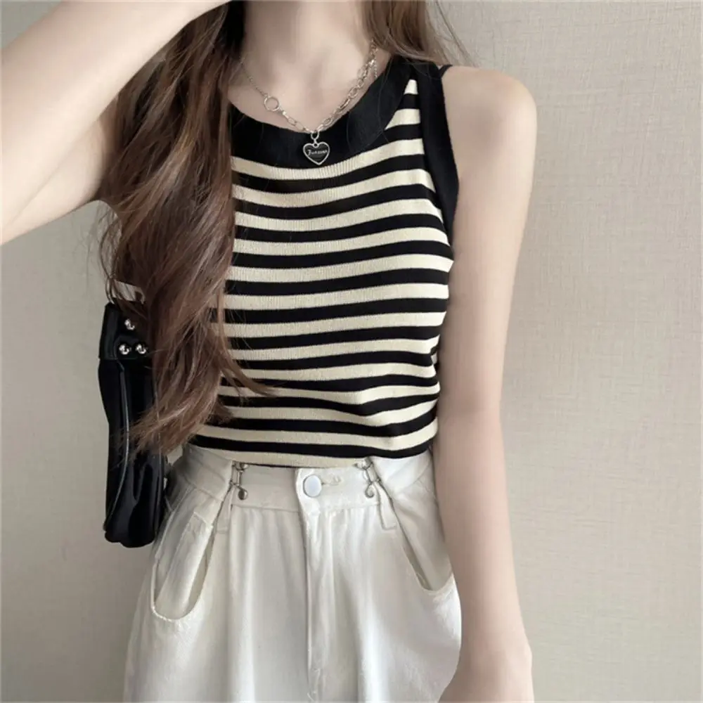 Summer Korean Stripe Knitted Tank Top Women Round Neck Sleeveless Slim Camisole