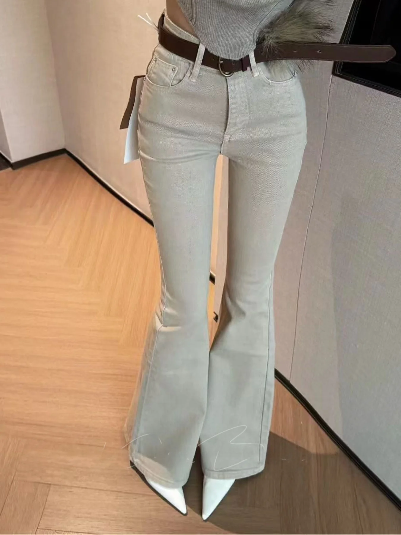 

Ретро джинсы-клеш с высокой талией для женщин, стройнящие, скрывающие недостатки фигуры, из эластичного хлопкового денима, с высокой эластичностью