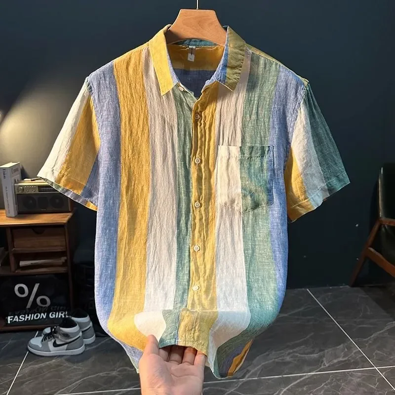 New summer thin short sleeved linen shirt with contrasting stripes, versatile loose color blocked shirt top for men