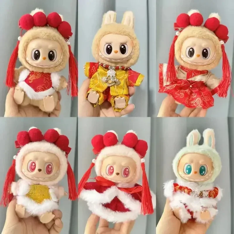 

17 см Labubu V1/V2 новогодний наряд в китайском стиле для плюшевой куклы, аксессуары для одежды красного цвета