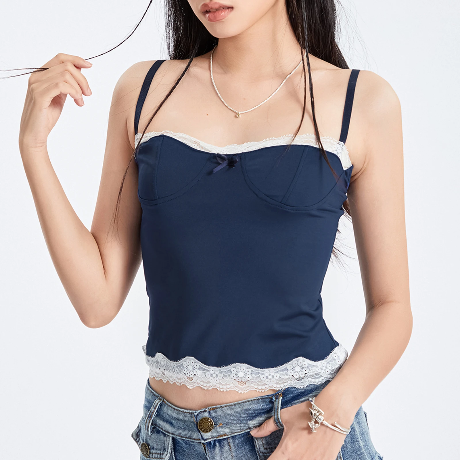 Women's Summer Solid Color Slim Camisole Sleeveless Square Neck Bow Front Lace Splicing Sweet Camisole