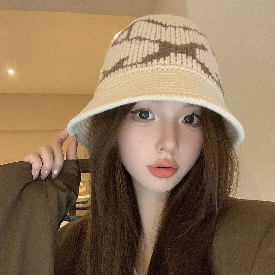 Women's Autumn Winter New Color Block Knit Bucket Hat Warm Ear Cover Windproof Cap