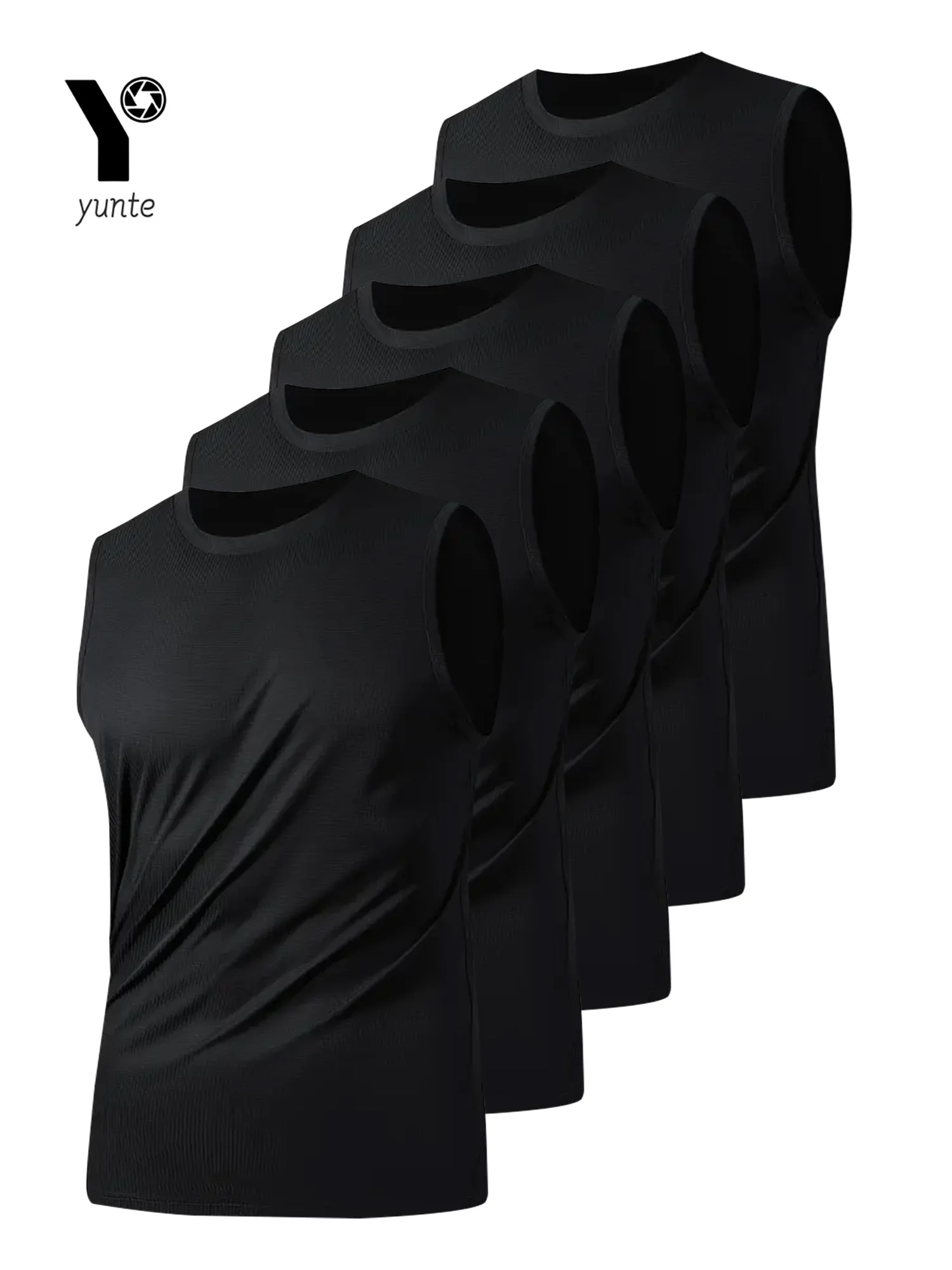 Men's Sports Vest Black 5-Piece Breathable Round Neck Slightly Elastic Fabric Pure Color Suitable for Spring, Summer and Autumn R