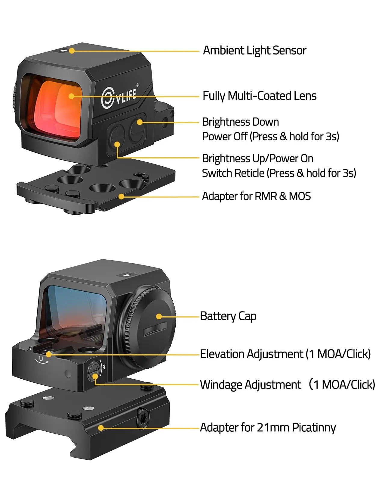CVLIFE Red Dot 32MOA Circle & 2MOA Compact Reflex Sight Optics Scope with Adapter for MOS/Picatinny Rail Motion Awake