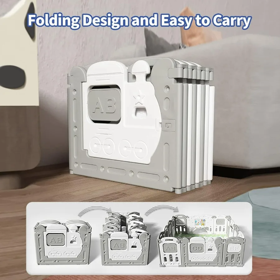 Baby Playpen, Foldable Kids Fence Activity Center, Safety Playard with Games Station Non-Slip Rubber Bases, Adjustable Shape, Po