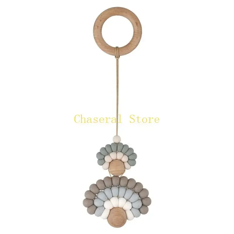 E7CE Baby Gym Frame Pendants Wooden Ring Silicone Beads Teether Stroller Rattle Infants Newborn Teething Nursing Molar