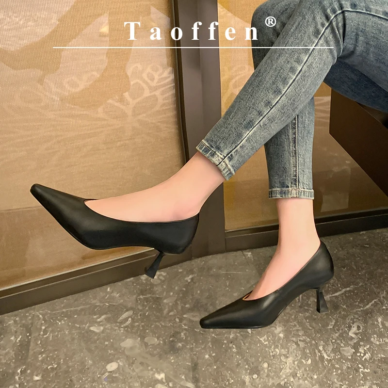 

Taoffen Sexy Women's Pumps Genuine Leather Thin Heels Pointed toe High Heel Fashion Soft Slip On Solid Casual Office Lady Shoes