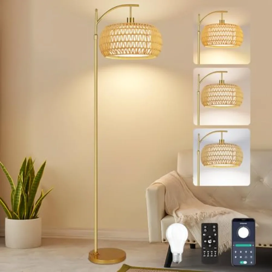 

Gold Floor Lamps for Living Room Rattan Boho Floor Lamp with Remote Control and 3 Color TemperatureDimmable Arc Floor Lamps Bra