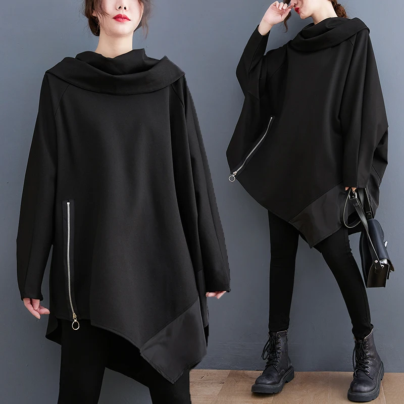 

Asymmetrical Black Women Hoodies Autumn Loose Zipper Long-Sleeved Casual All Match Female Pulls Outwear Tops