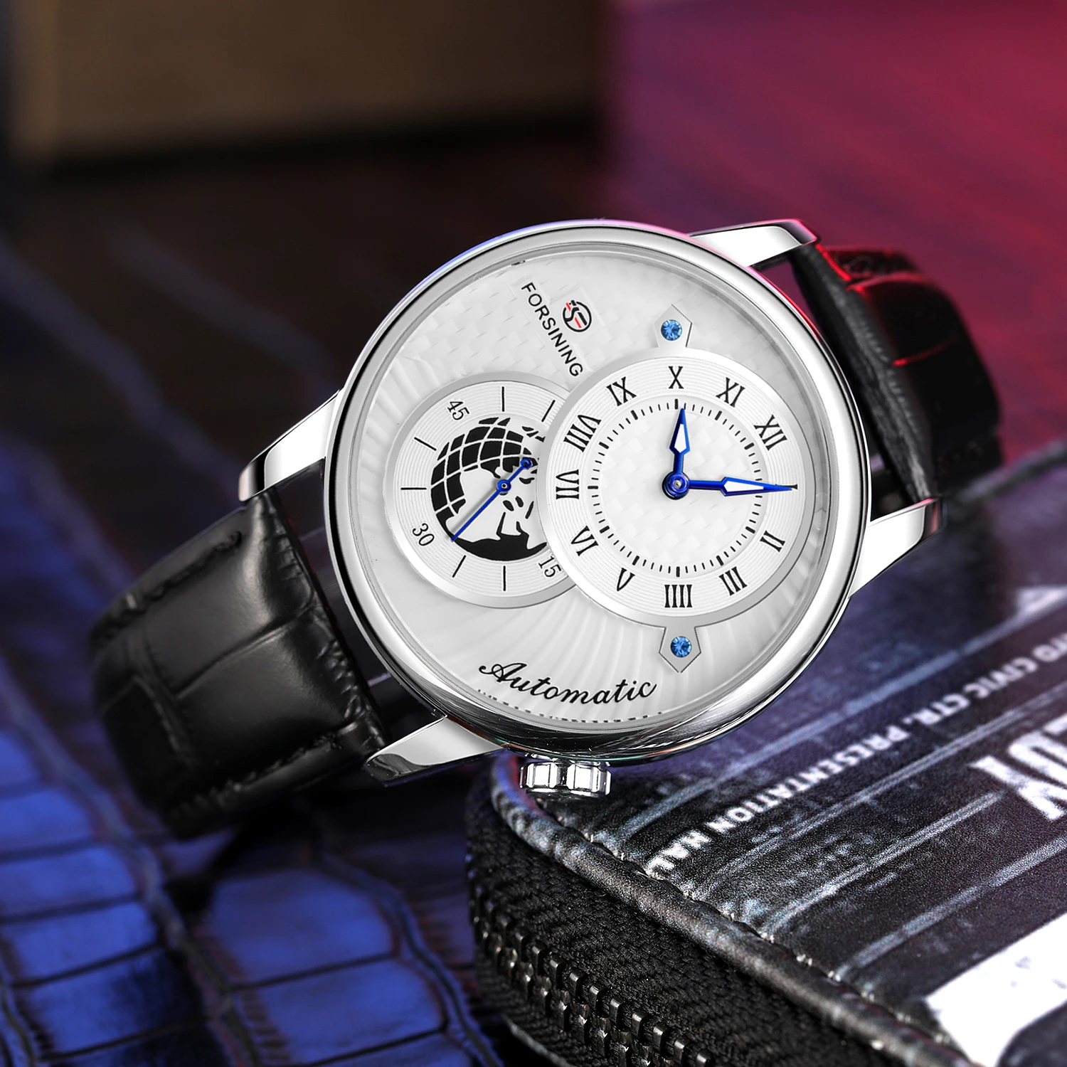 Forsining Casual Men's Automatic Mechanical Watches Two Dial Display Waterproof Earth Image Design Leather Strap Relogio Clocks