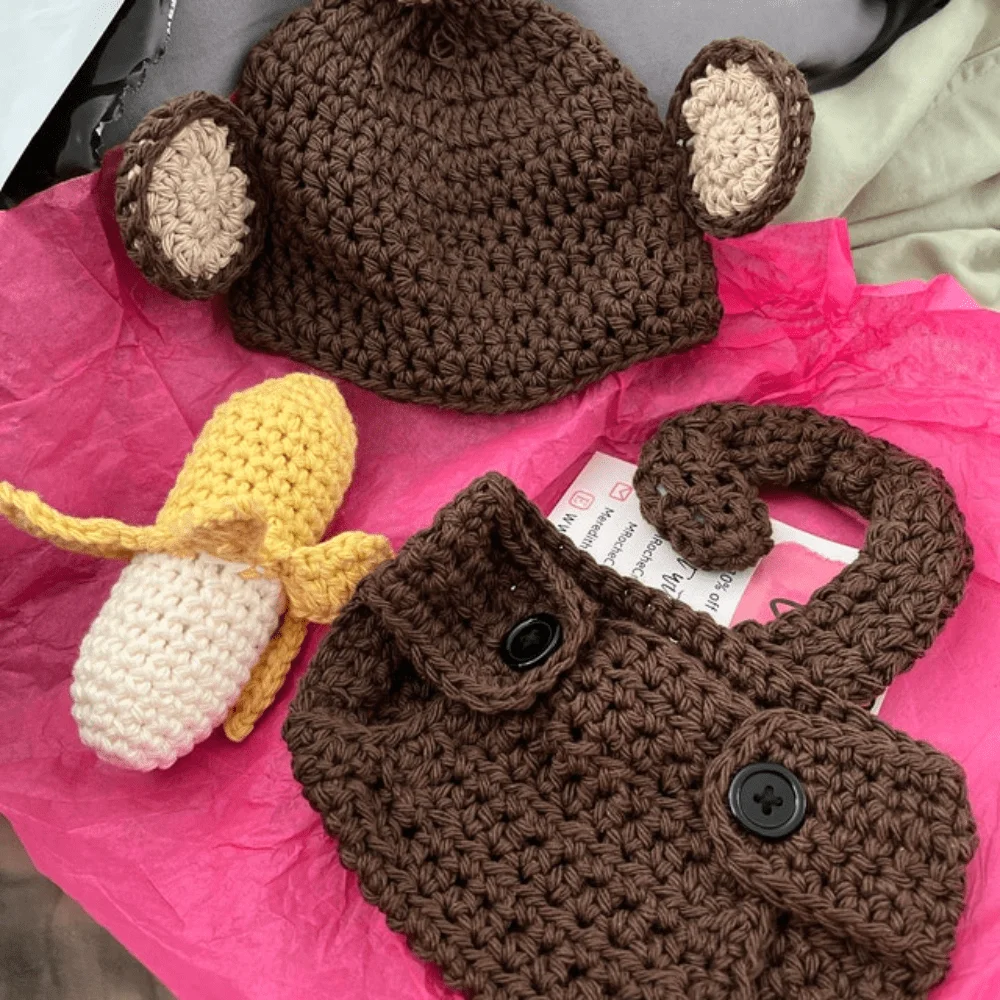 Newborn Photography Outfit Monkey Hat Diaper Cover Banana Set Baby Halloween Costume Crochet Knitted Pants Hat Romper Suit