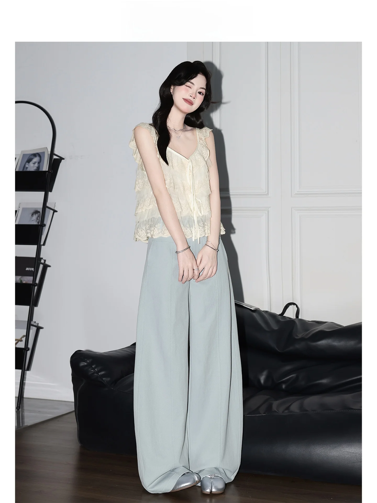 Pantalones casuales azules de cintura alta y pierna ancha para mujer, estilo coreano, con cinturón, pantalones de traje rectos y delgados, pantalones casuales versátiles Forever 21