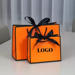 10 Pcs Custom Logo Gifts Paper Bags For Small Business Clothes Wig Packge Orange Bags Bow Tie High Quality Paper Bags Wedding