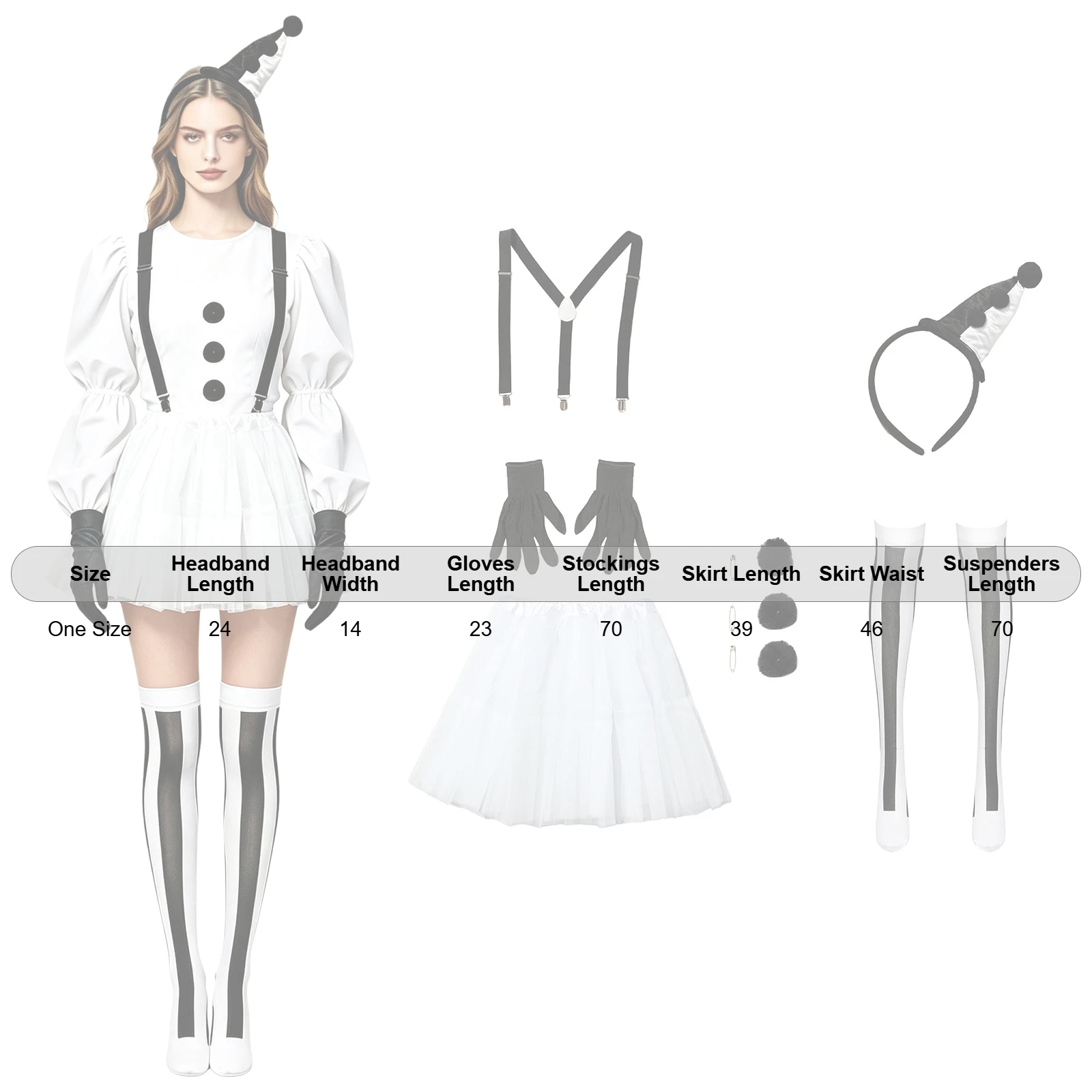 Halloween Women Clown Cosplay Sets Elastic Waistband Tulle Skirt with Suspenders Gloves Stockings Headband Pom-poms 6