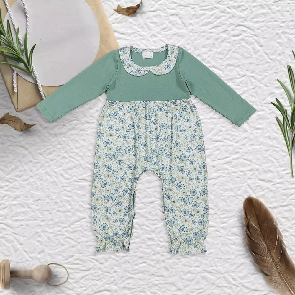 

RTS Wholesale Clothing Flower Pea Green Doll Collar Long Sleeve Romper Western Toddler Girl Clothes