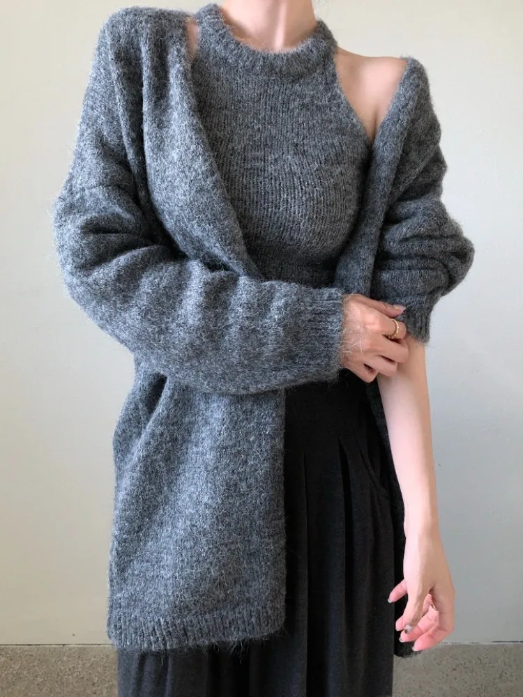 

Chic Autumn Winter Women's Knitted Vest Soft Long Sve Ne Hanging Sweater Coat Base Layer Comfortable Casual Faion