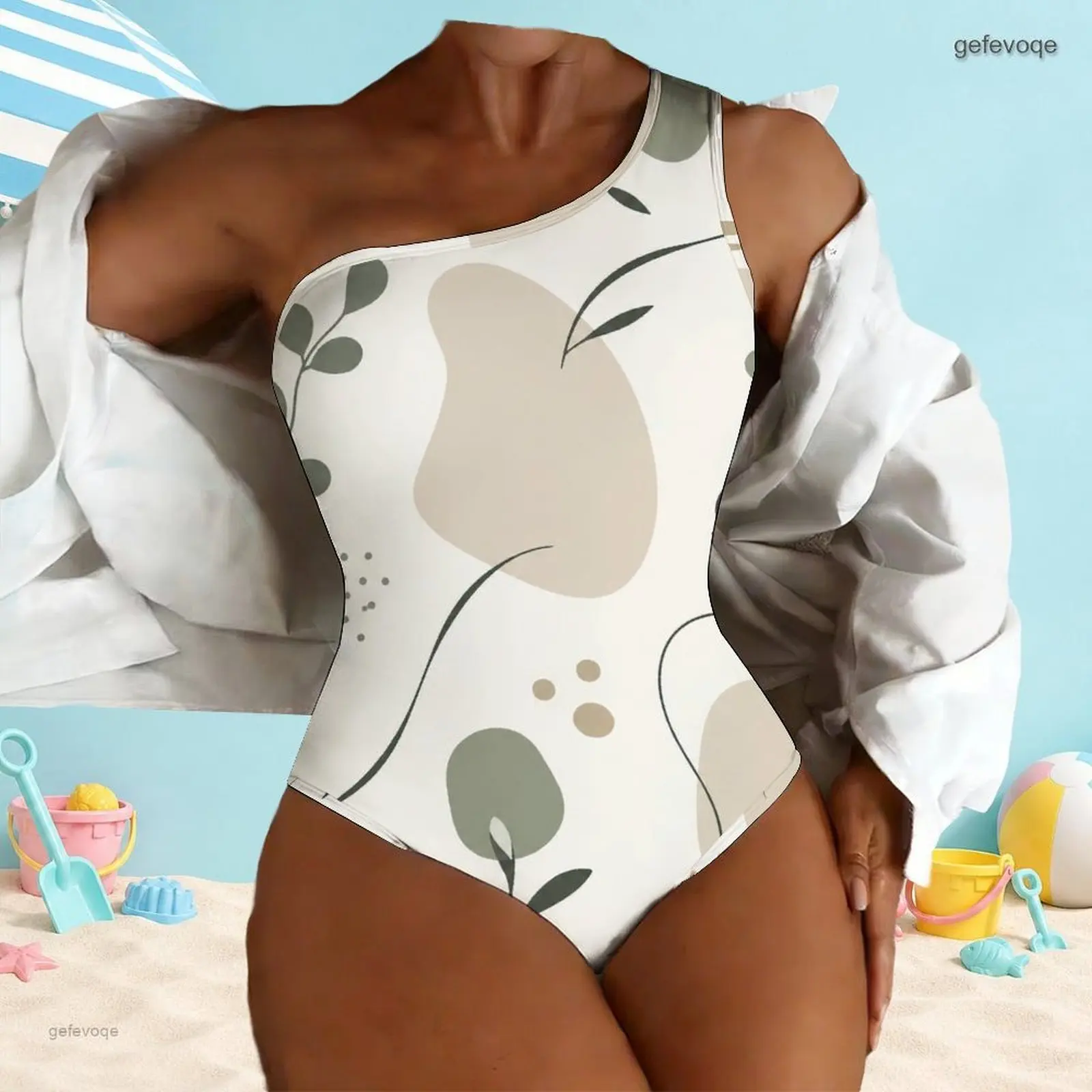 Women Swimsuit with Print One Shoulder One Piece Asymmetric Neck