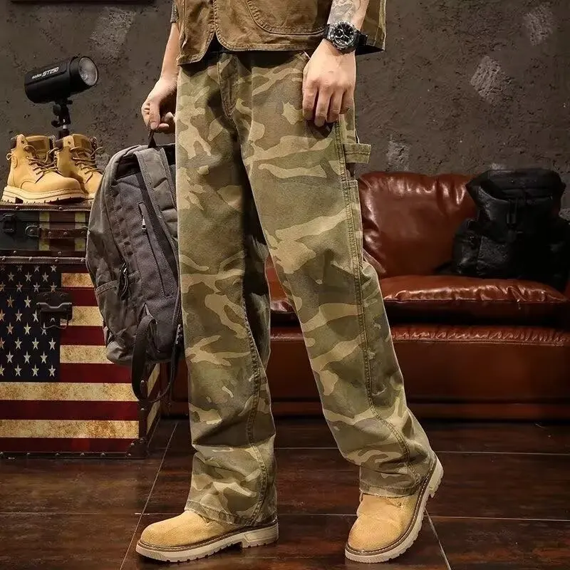 American High Street Retro Camouflage Workwear Jeans Men's Trendy Loose Straight Leg Wide Leg Pants Casual Long Trousers