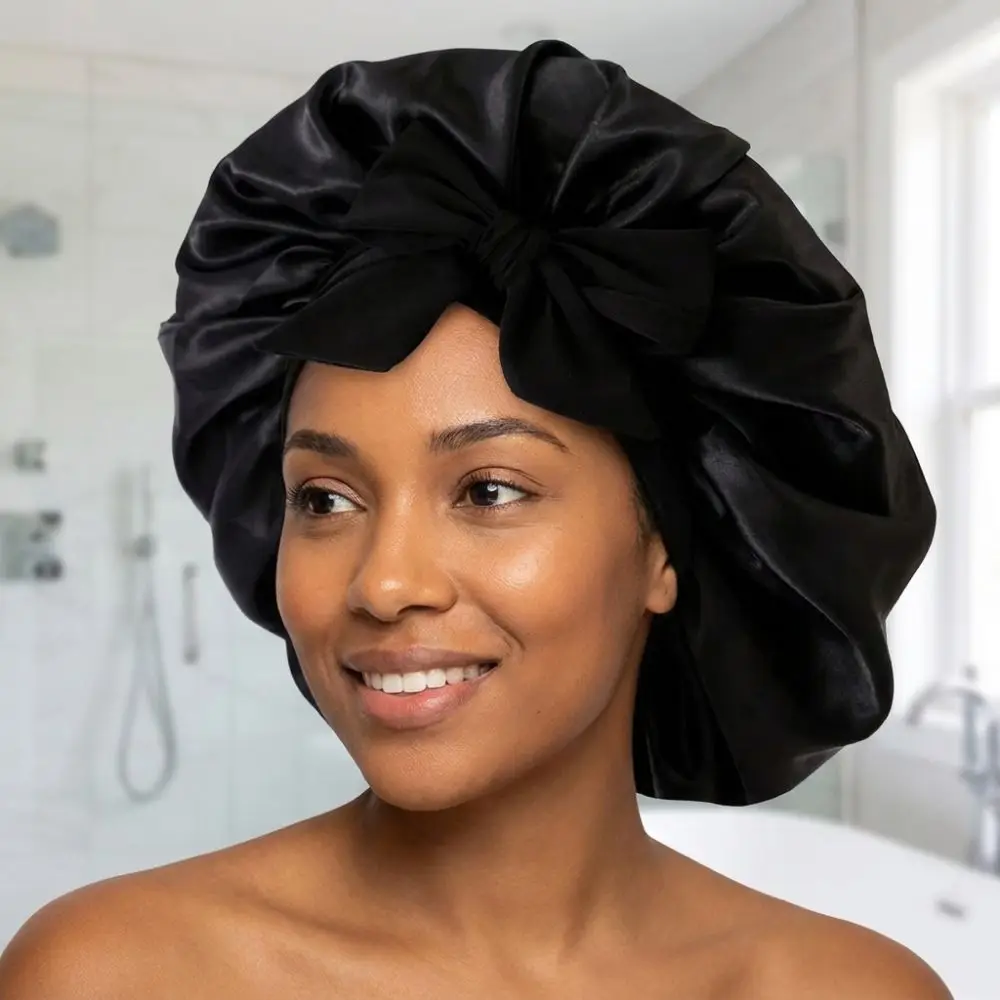 Satin Material Sleeping Bonnet Solid Color Wide Brim Design Hair Care Cap Soft Adjustable Strap Night Sleep Cap For Sleeping