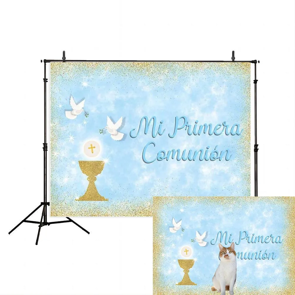 Baptism Backdrop God Bless First Holy Communion Christening Banner Blue Gold Glitter Chalice Photography Background Decoration