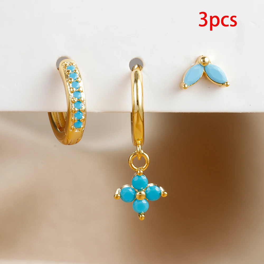 Exquisite Zircão Verde Pendurado Brincos Set para Mulheres, Aço Inoxidável Flor Dangle Brinco, Cartilagem Piercing Jóias, 3Pcs